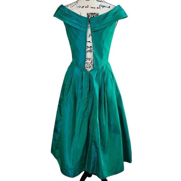 Vintage 1950s green blue iridescent cocktail dress off shoulder bow detail retro - Picture 3 of 13